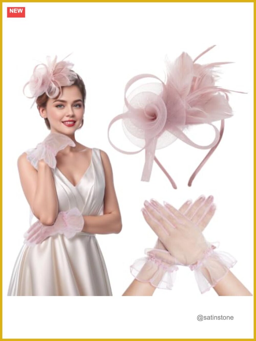 Tulle Fascinator with Gloves Set – Feather Headband for Wedding Tea Party